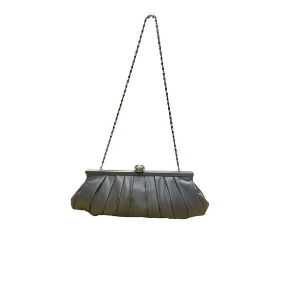 Pleated Gray Satin Women’s Rhinestone Clasp & Metal Chain Strap Evening Clutch - Picture 3 of 7